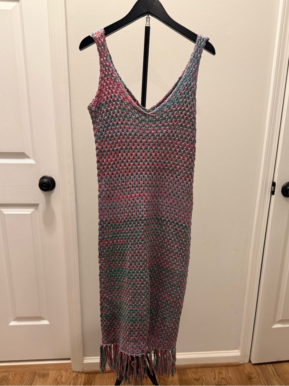 NWOT Vici Green and Pink Open-Knit Sleeveless Dress with Fringe